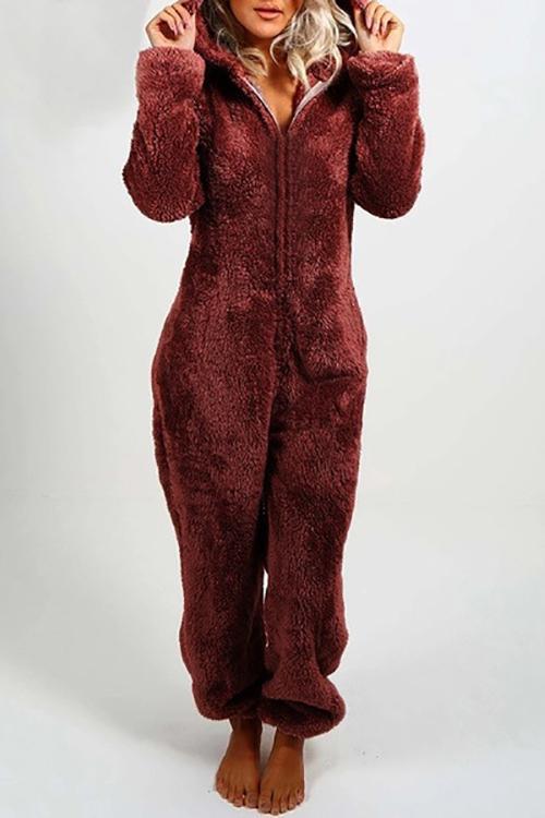 Fuzzy Hoodie Collar Jumpsuit Pajamas