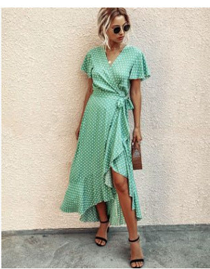 Summer Dot Sexy V-neck Flounce Short Sleeve Women Dress