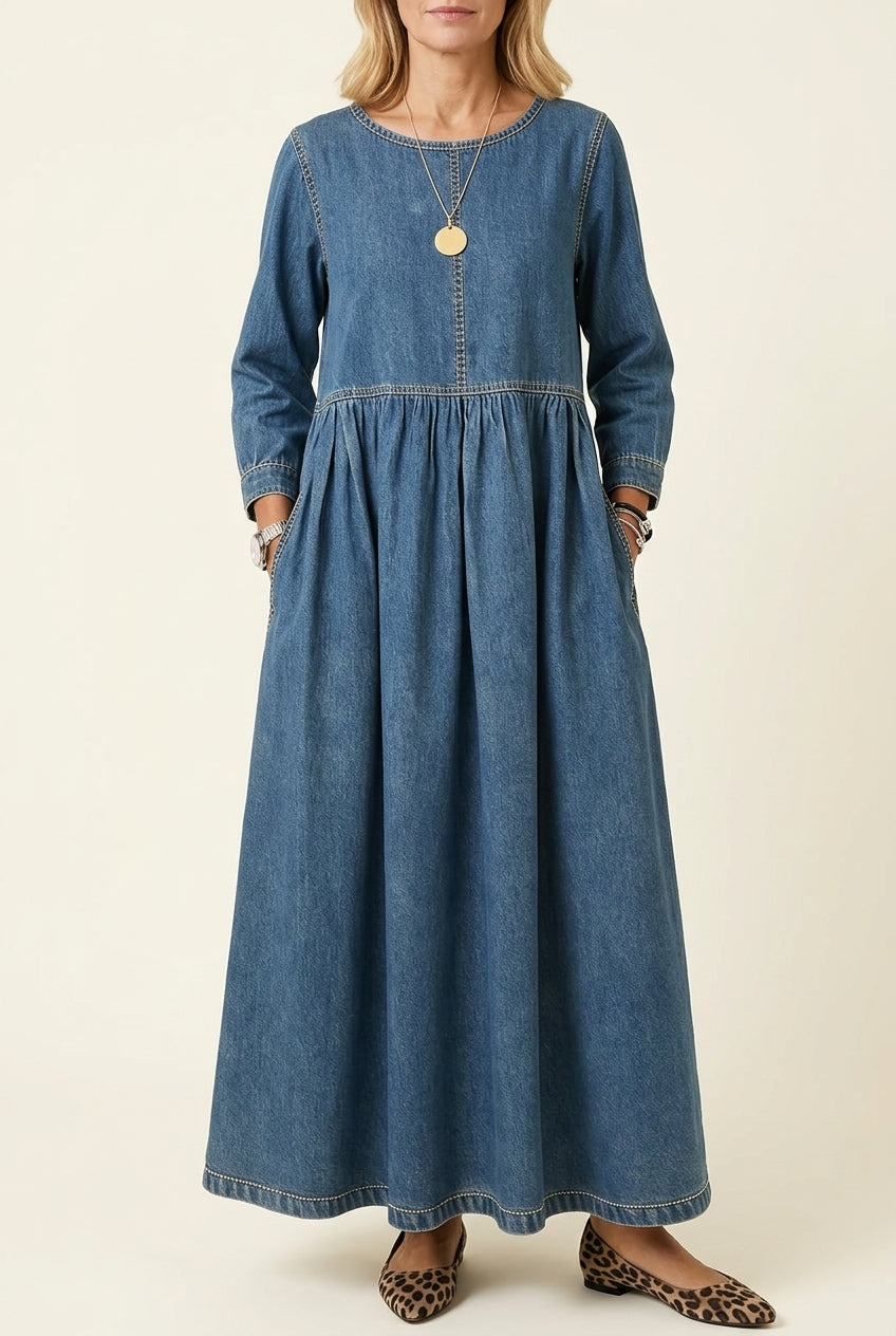 Denim Round Neck Long Sleeve Gathered Waist Maxi Dress