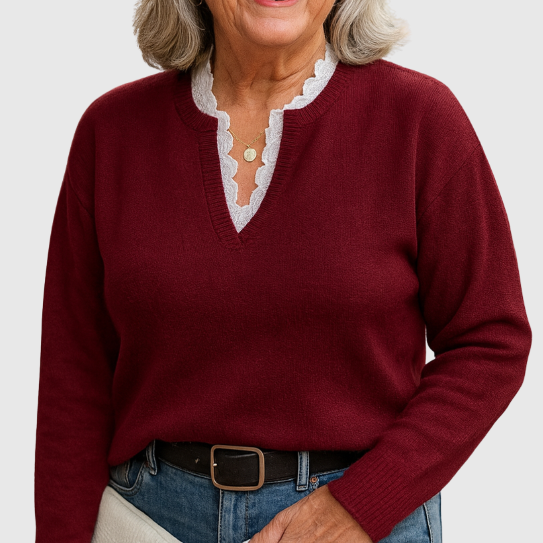 V-Neck Lace Trim Long Sleeve Sweater