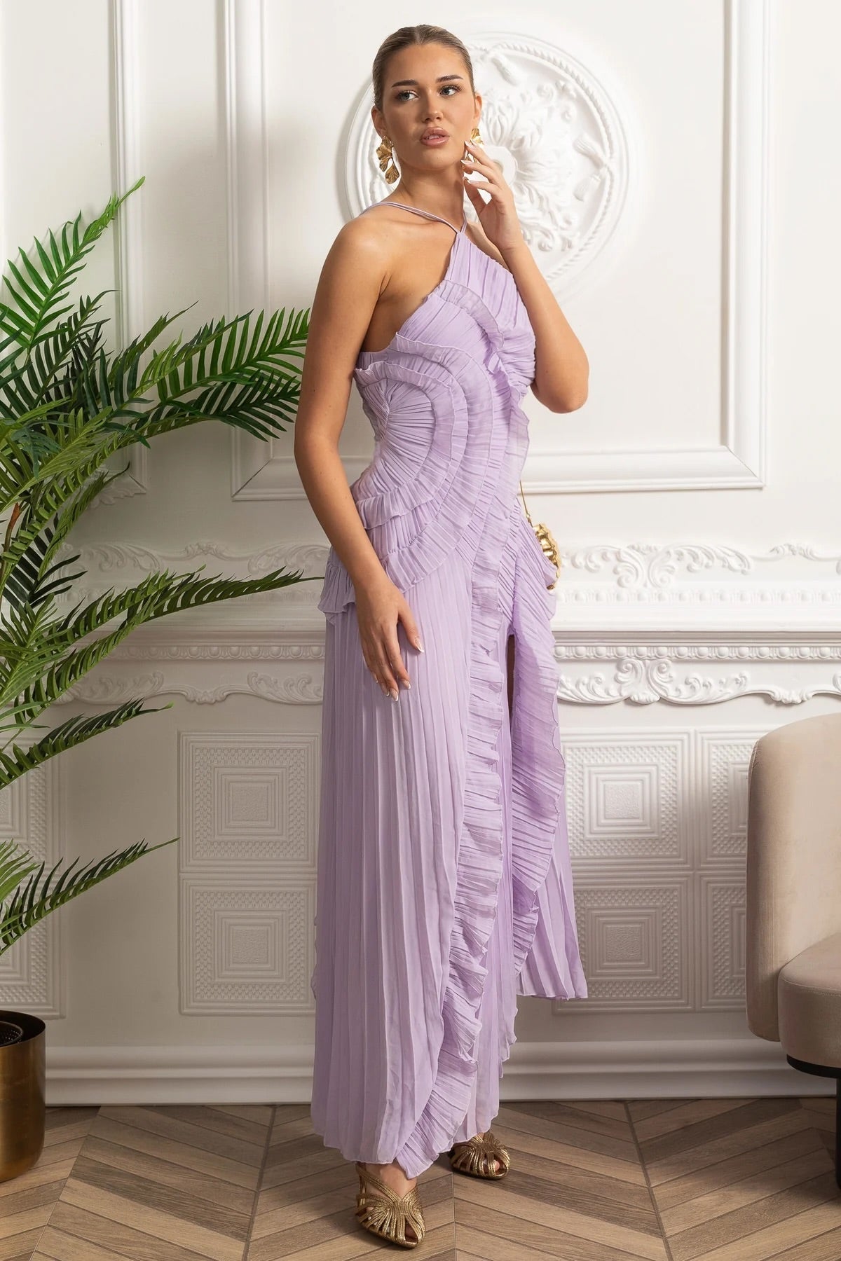 Pleated Halter Neck Cascading Ruffle High Split Maxi Dress 8