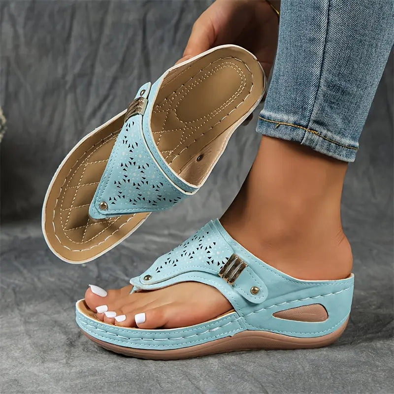 Cut Out Floral Thong Wedge Sandals
