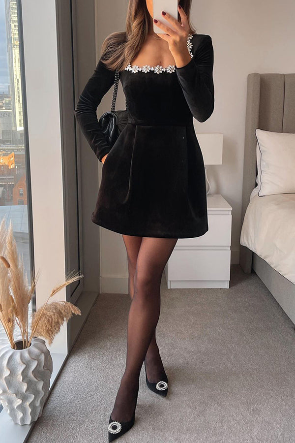 Endless Celebration Velvet Jewel Embellished Trim Mini Dress - View 7