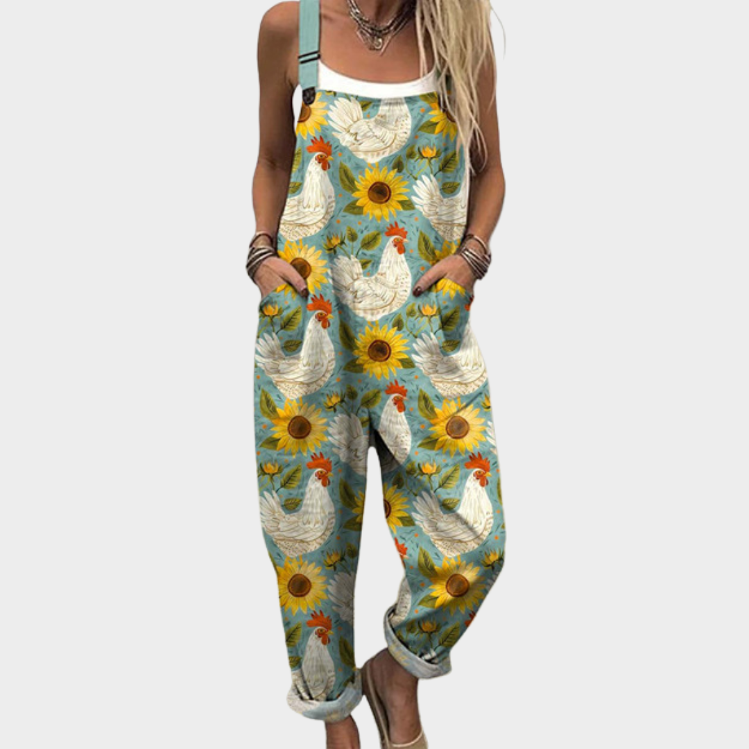 Rooster Sunflower Print Pocket Overall Jumpsuit