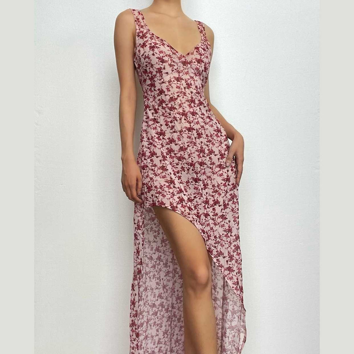 Floral Print Sheer Chiffon V-Neck Sleeveless Asymmetric High Low Maxi Dress