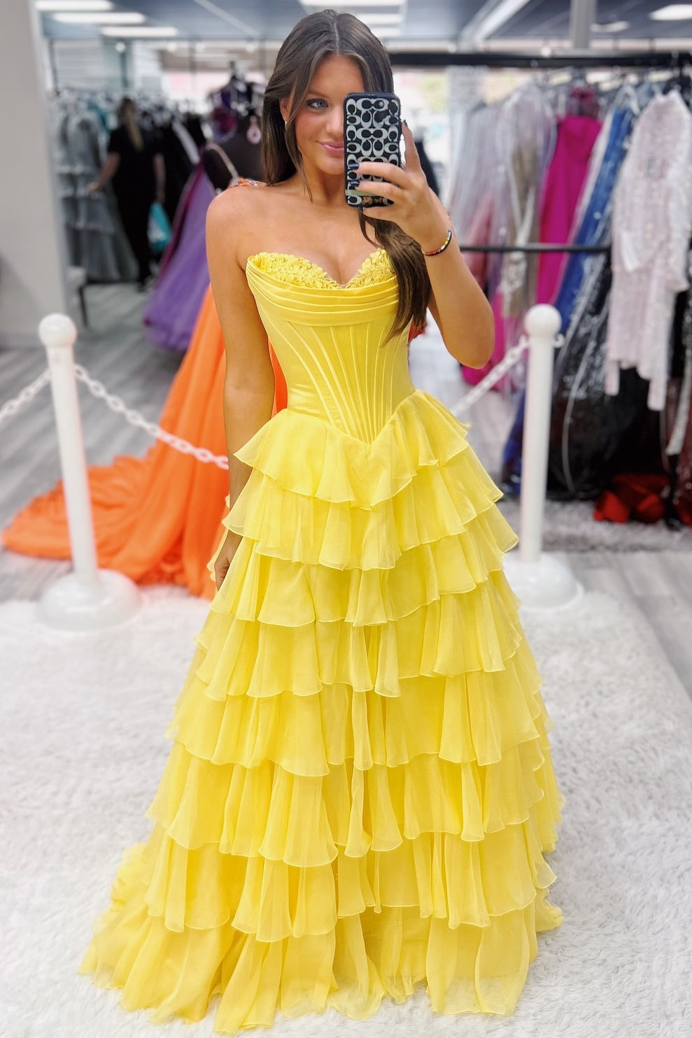 Lovely Yellow A-Line Sweetheart Long Tiered Prom Dress with Slit