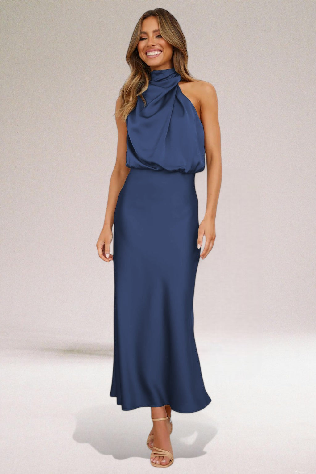 Satin High Neck One Shoulder Draped Maxi Dress