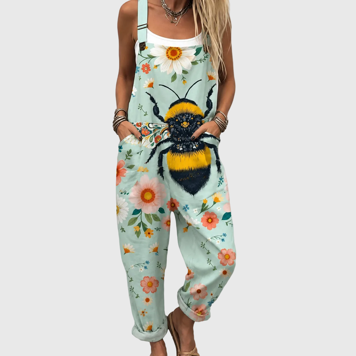 Bee Floral Print Wide Leg Dungaree Overalls