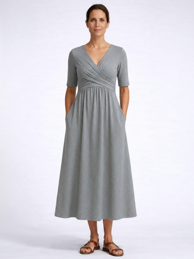 V-Neck Short Sleeve Wrap Fit and Flare Midi Dress