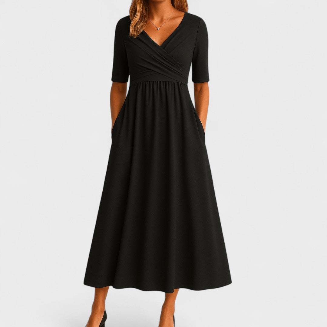 V-Neck Short Sleeve Fit and Flare Midi Dress 2