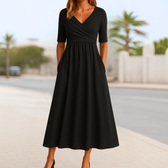 V-Neck Short Sleeve Ruched Fit and Flare Midi Dress 3