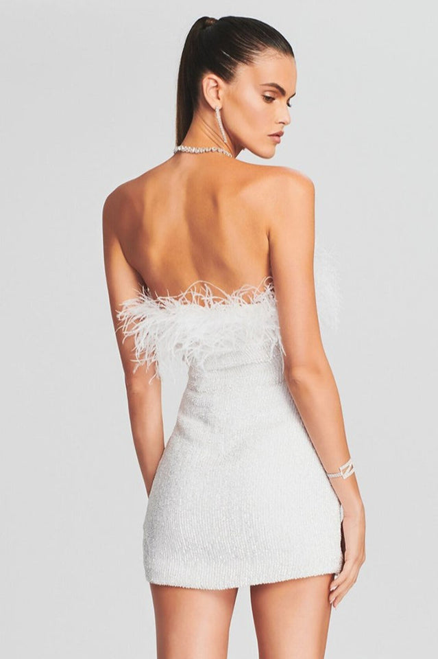 Strapless Feather Trim Sequin Bodycon Mini Party Dress 12