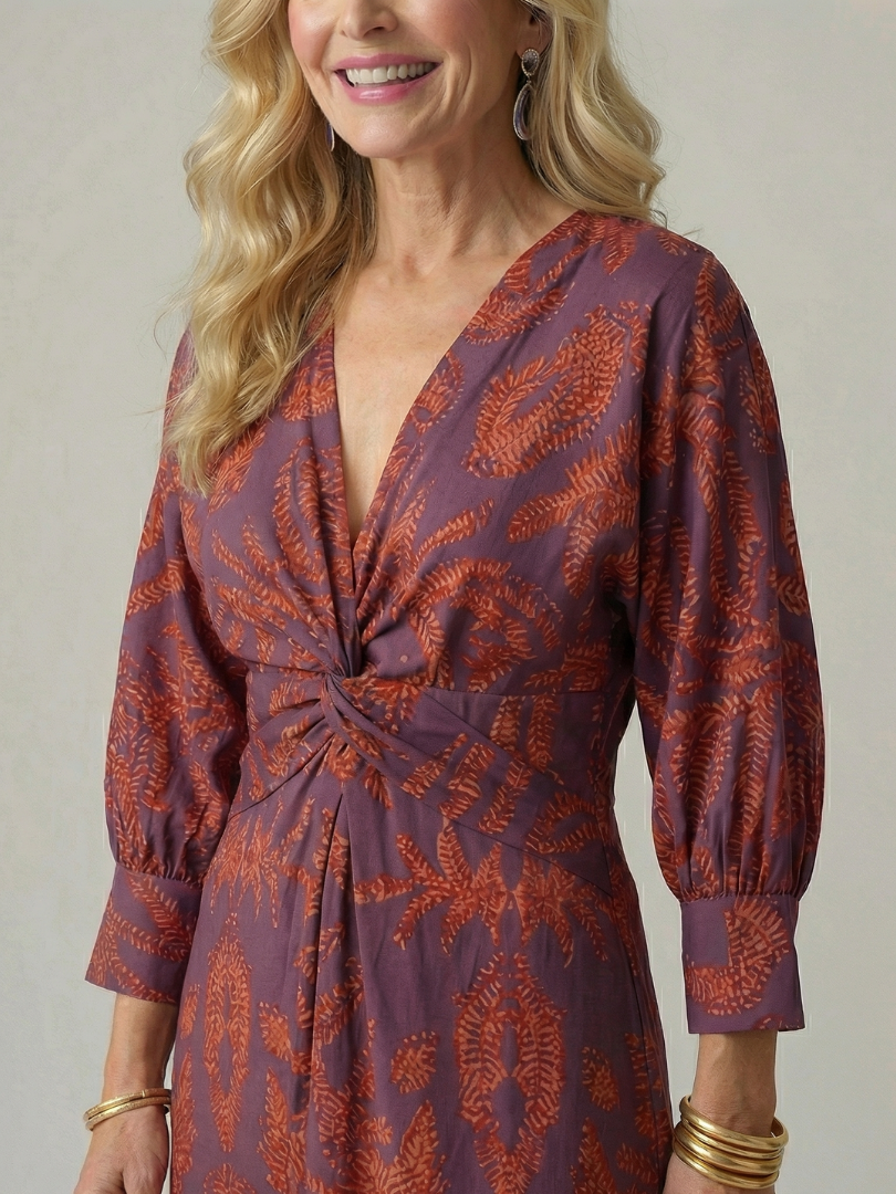 Paisley Print V-Neck Twist Front Long Sleeve Midi Dress