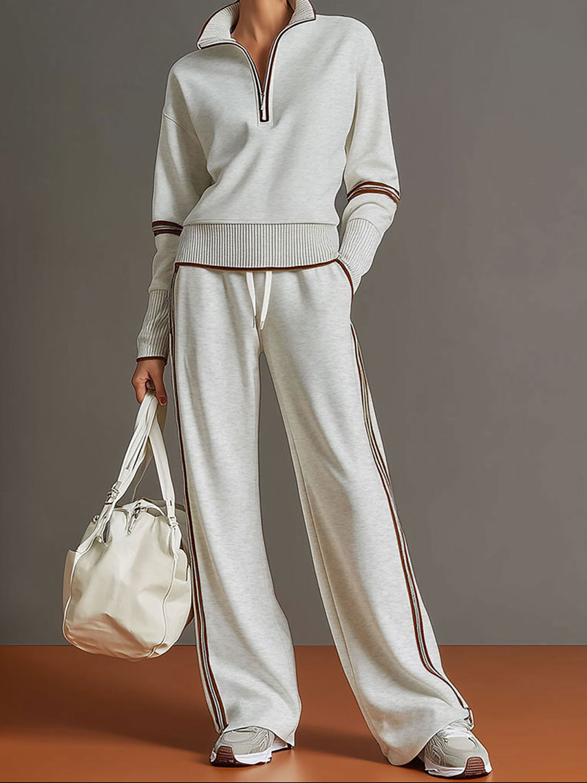 Quarter Zip Contrast Trim Pullover and Wide Leg Pants Two Piece Set