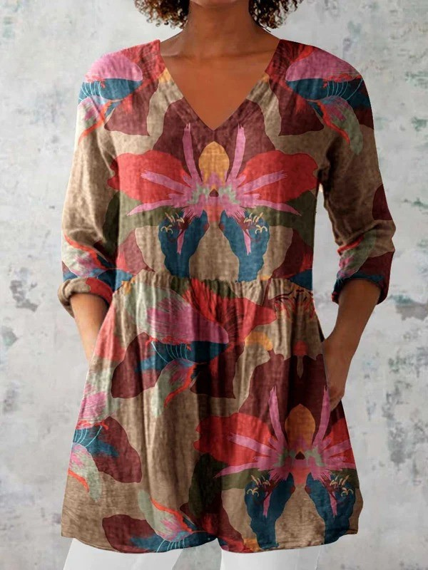 Floral Print V-Neck Long Sleeve Peplum Tunic Top