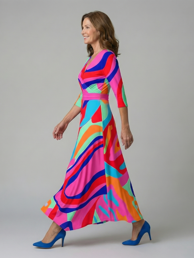 Floral V-Neck Wrap Three Quarter Sleeve Satin Maxi Dress