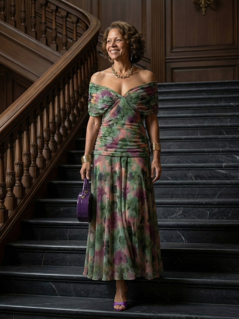 Floral Off Shoulder Ruched Maxi Dress