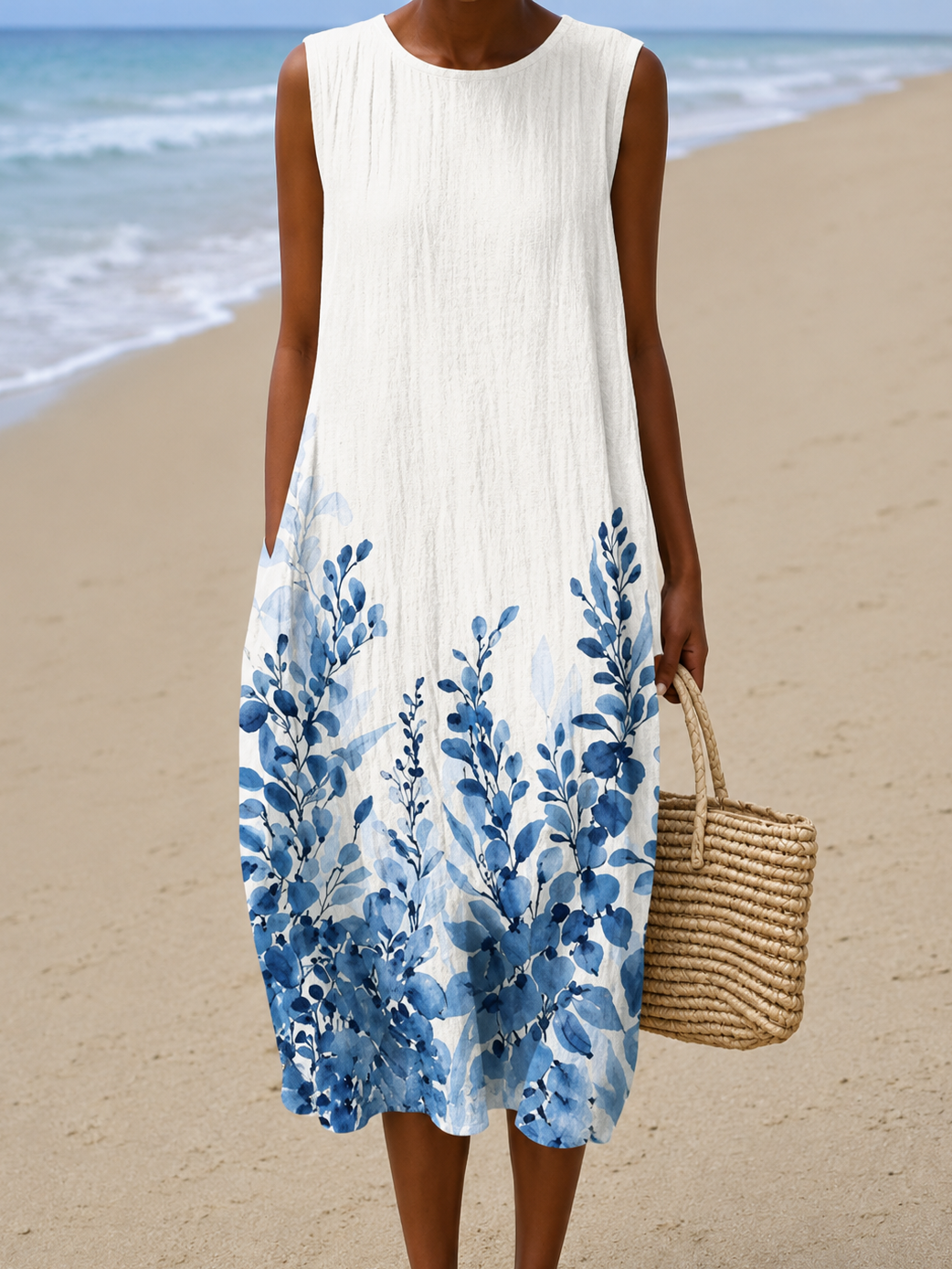 Floral Border Print Sleeveless Crew Neck Midi Dress