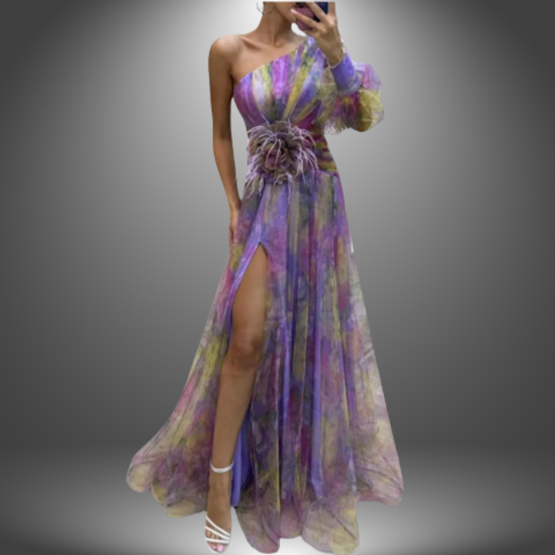 Watercolor Print One Shoulder Rosette Waist High Split Gown