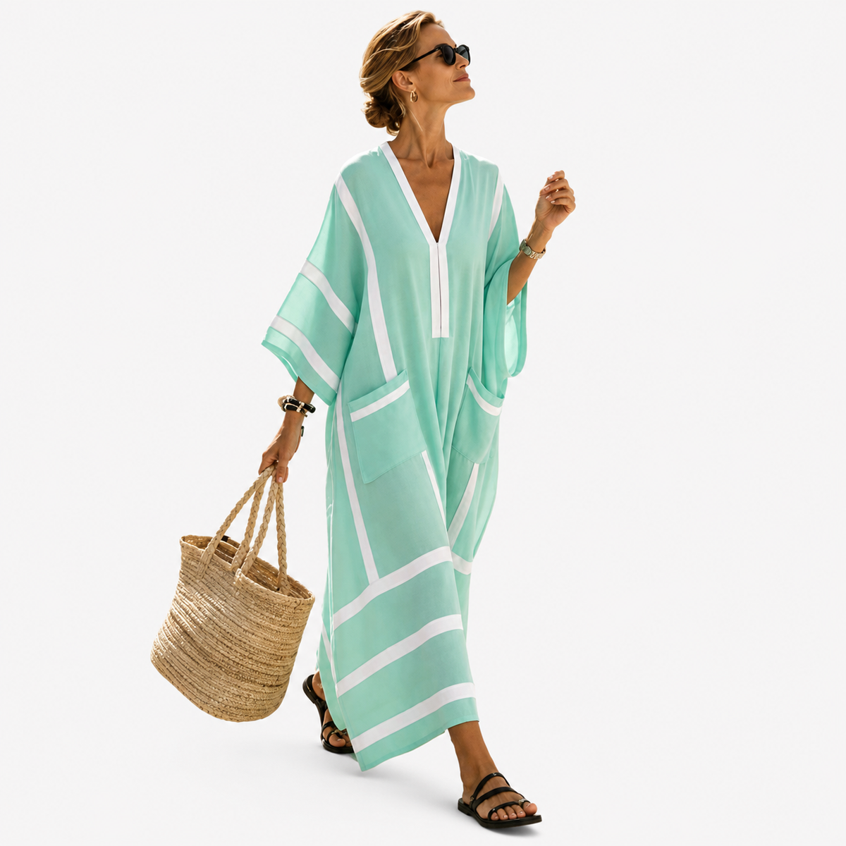 Striped Deep V-Neck Wide Sleeve Kaftan Beach Cover Up