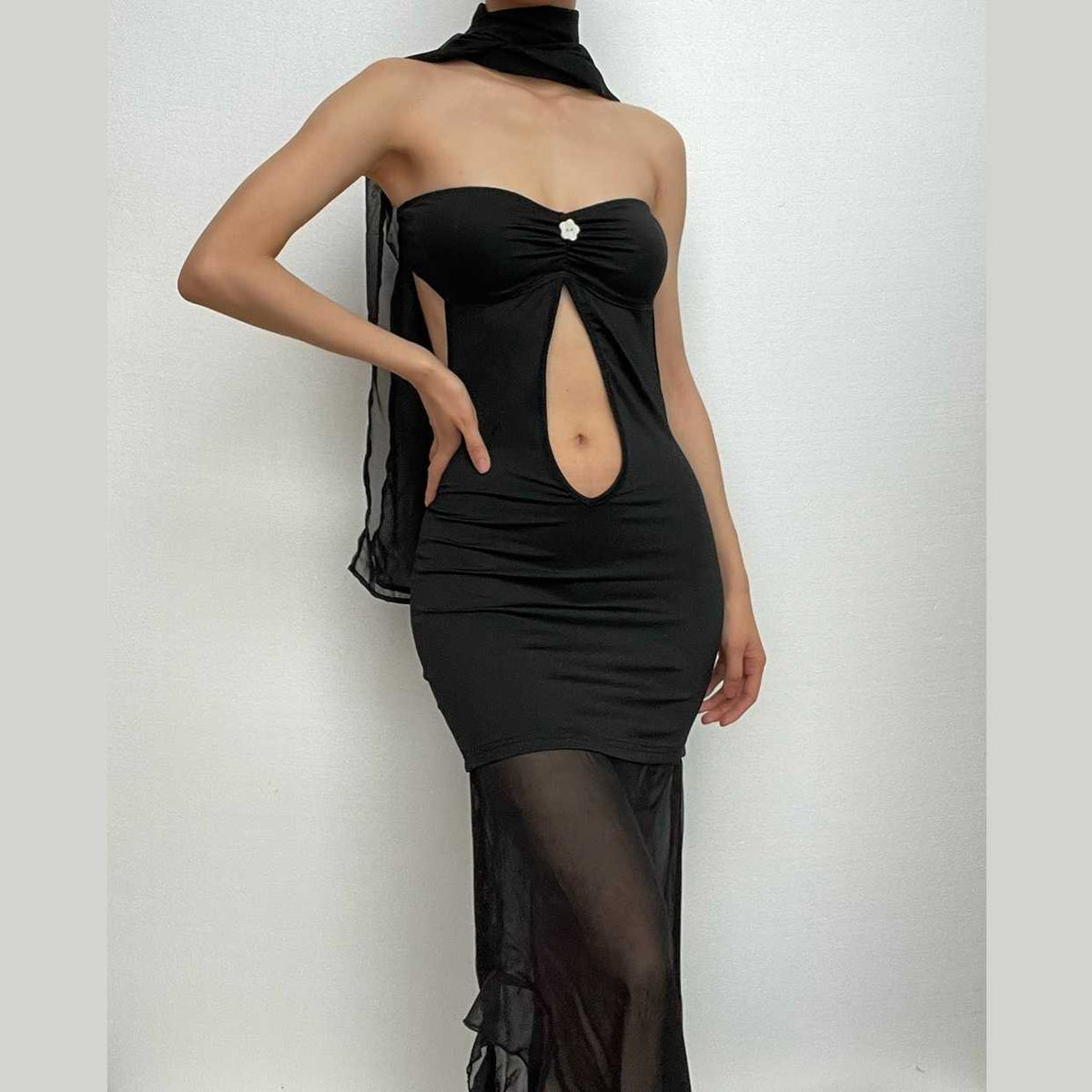 Strapless Keyhole Cut Out Ruched Sheer Mesh Hem Midi Dress with Scarf