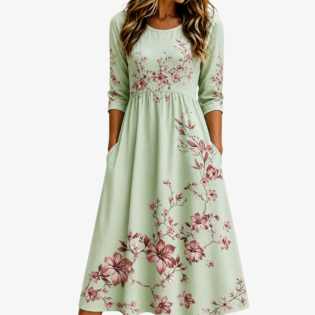 Floral Print Round Neck Pocket Fit and Flare Midi Dress