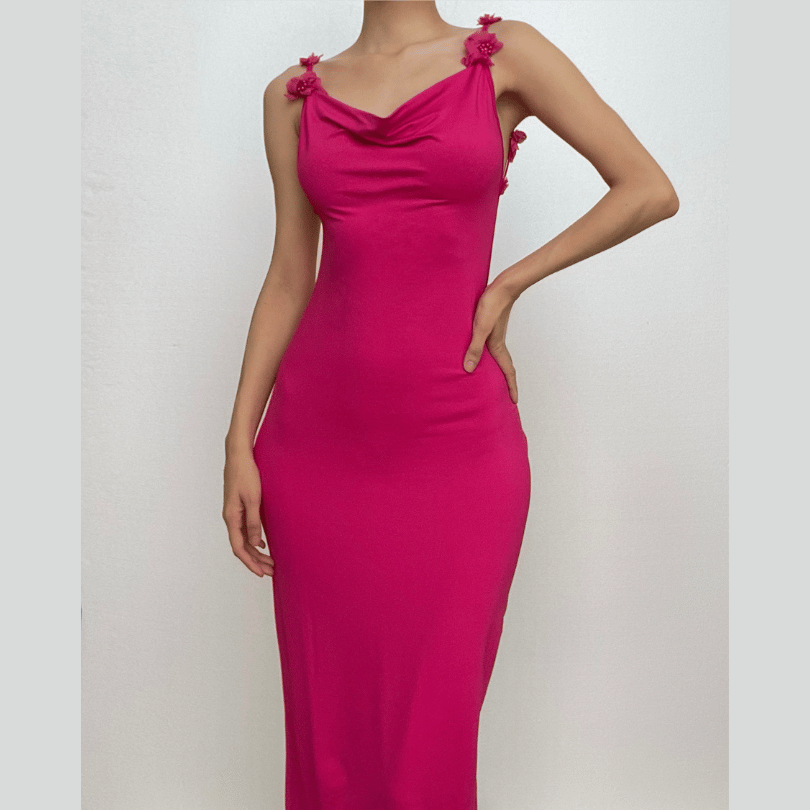 Flower applique cowl neck backless solid maxi dress 2