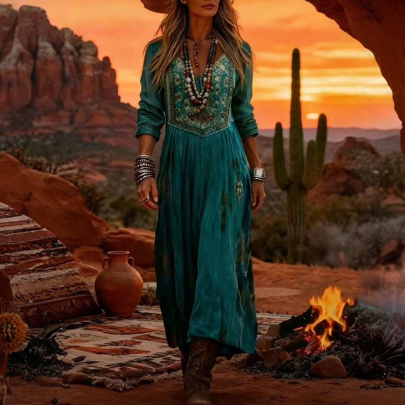 Embroidered V-Neck Long Sleeve Pleated Boho Maxi Dress