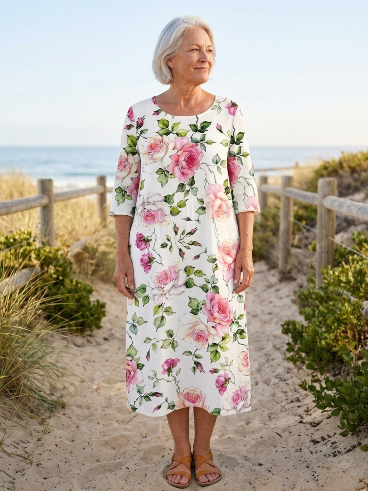 Rose Floral Round Neck Half Sleeve Midi Dress