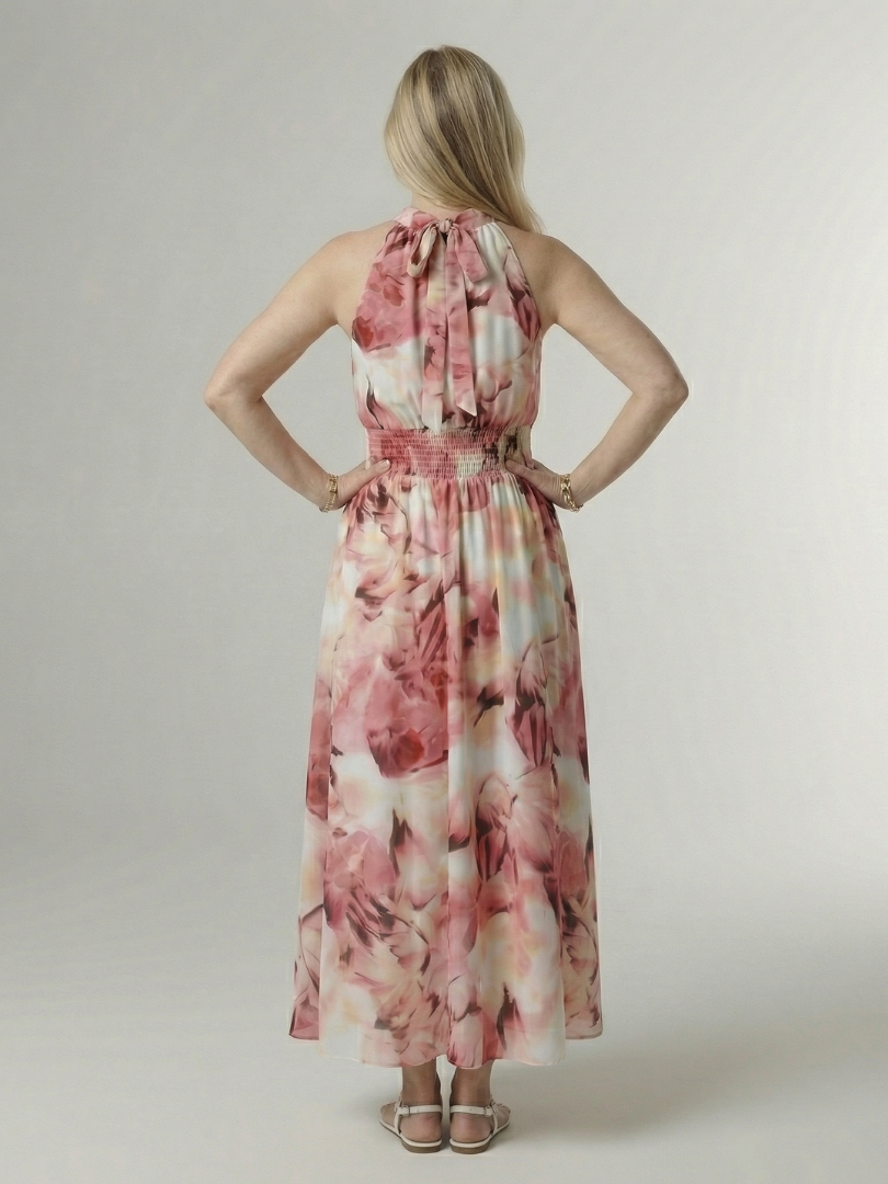 Halter Neck Sleeveless Tie Dye Smocked Waist Maxi Dress