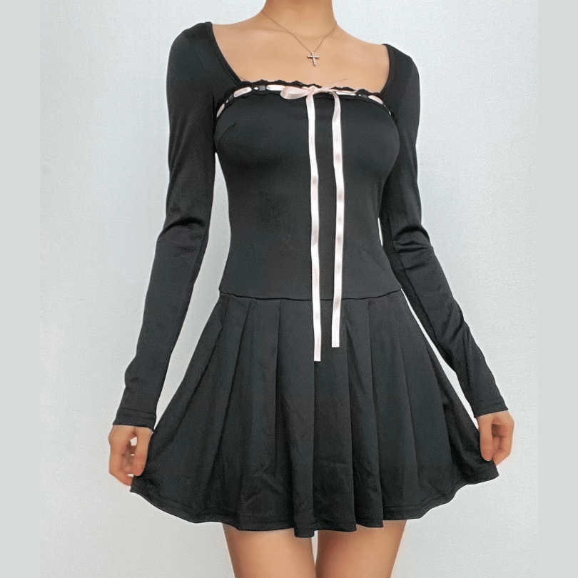 Square Neck Long Sleeve Lace Trim Ribbon Bow Pleated Mini Dress