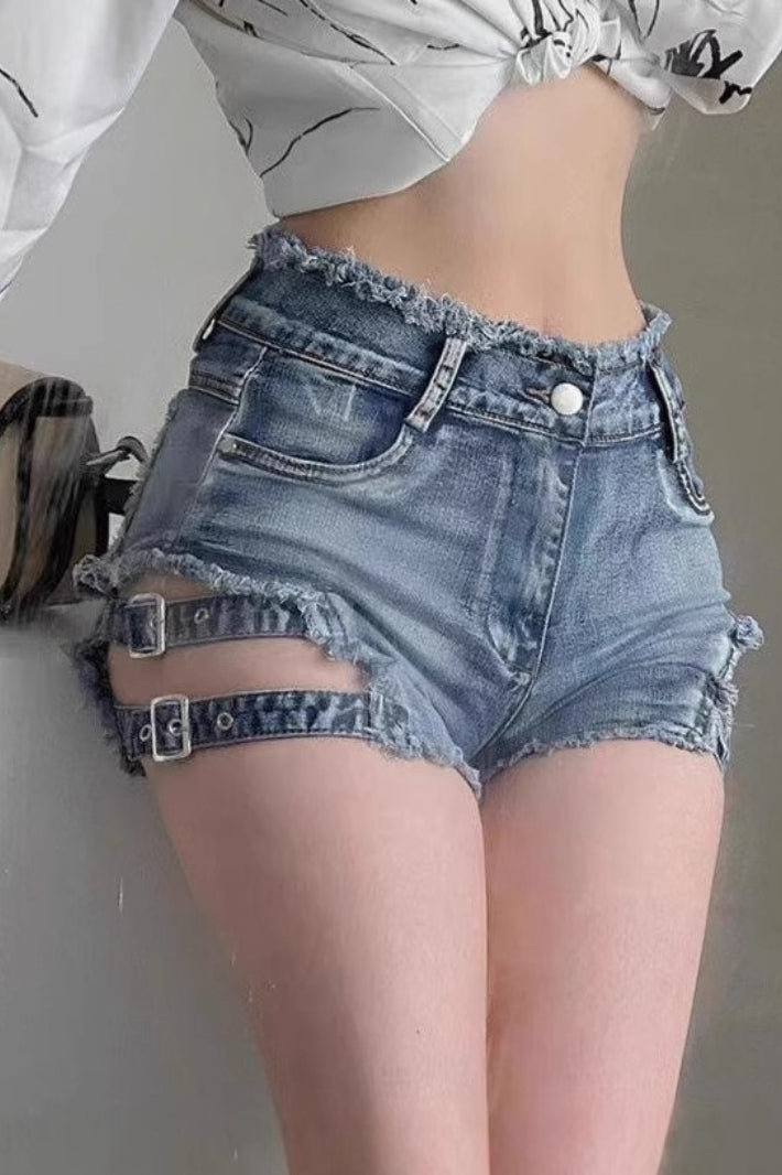 Cutout Stretch Bodycon Denim Shorts