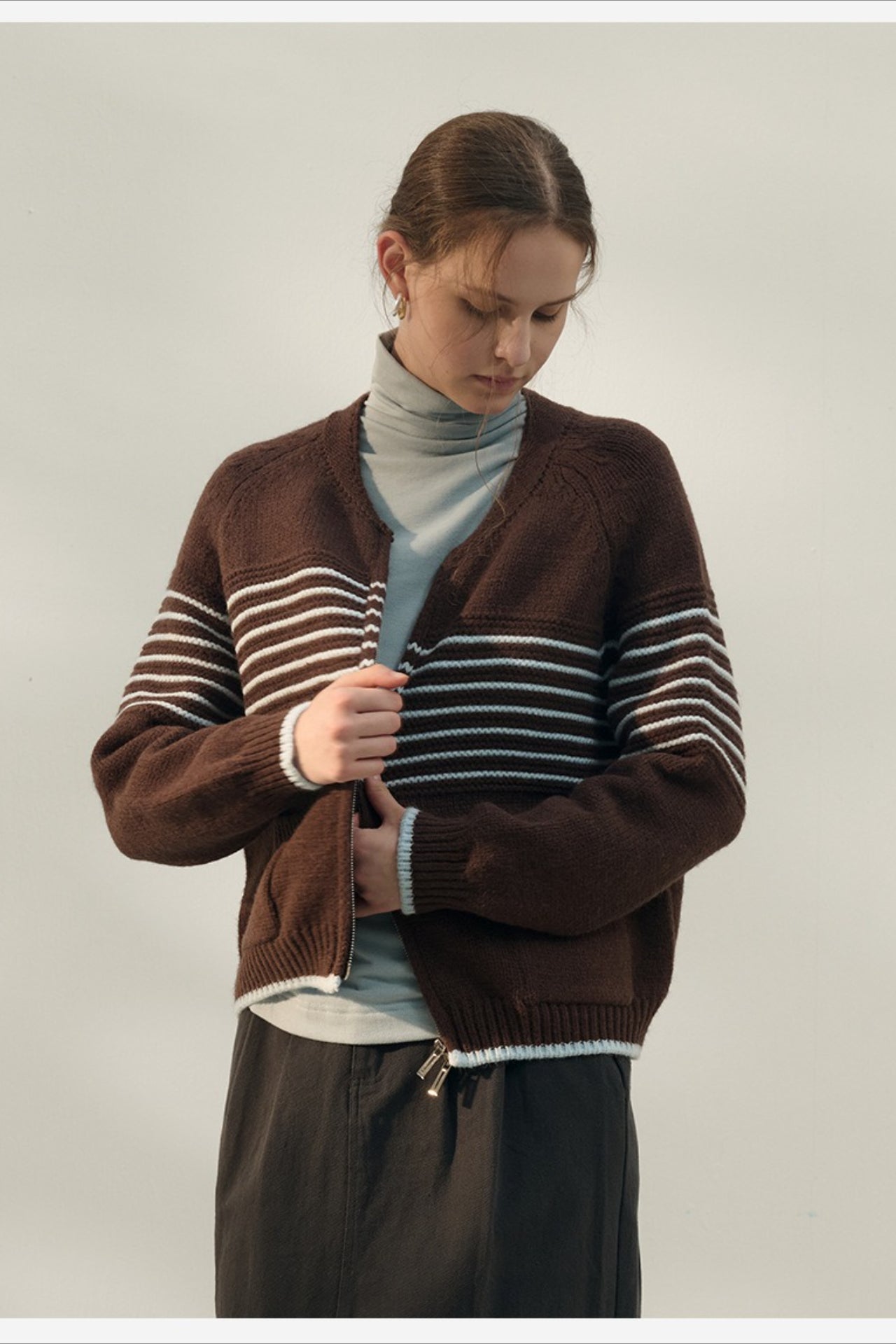 Retro Stripe Zip VNeck Knit Top