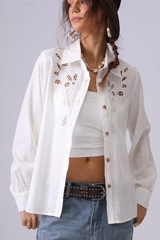 Cut Out Embroidered Collared Button Front Long Sleeve Blouse