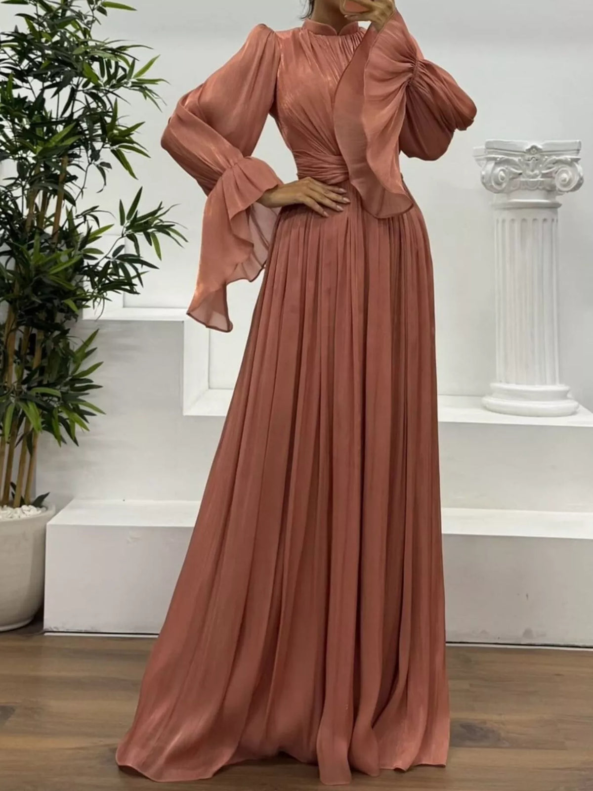 Pleated Satin Mock Neck Flared Bell Sleeve Twist Waist Maxi Gown 9