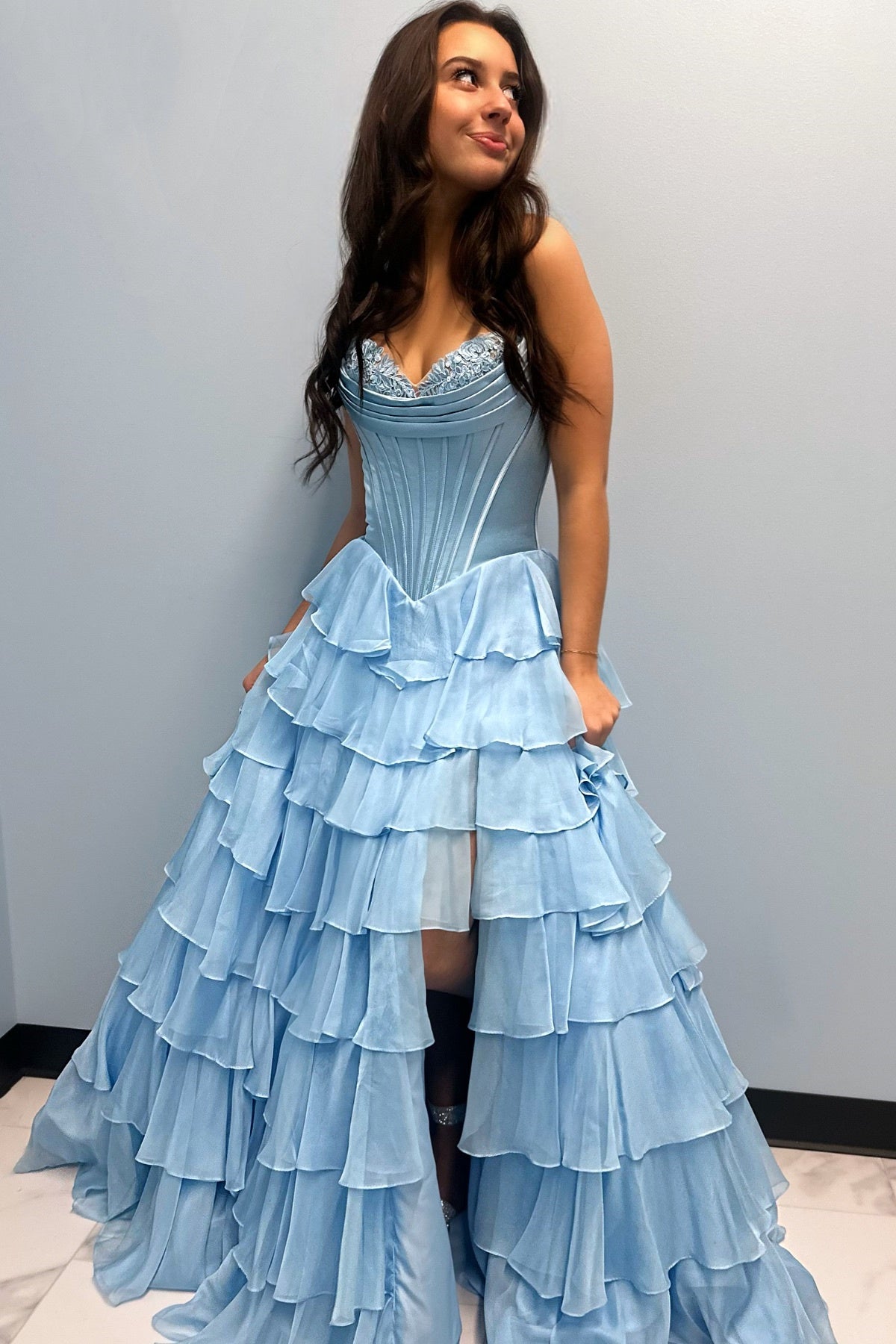Lovely Yellow A-Line Sweetheart Long Tiered Prom Dress with Slit