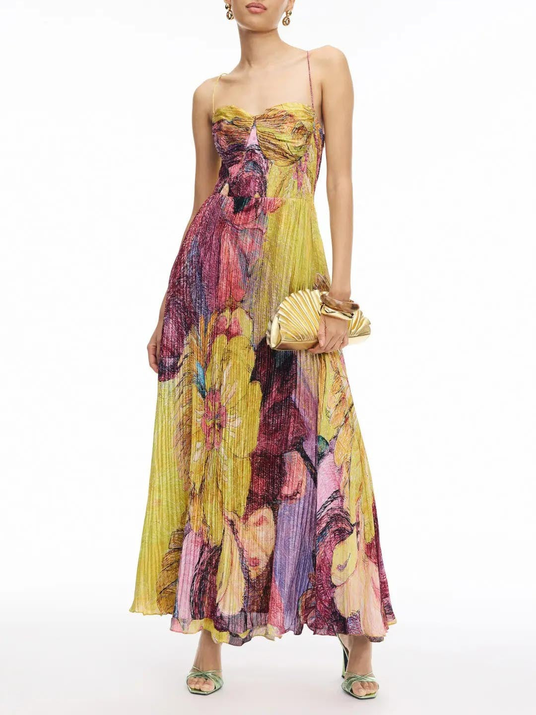 Timeless Art Hand Painted Floral Print Pleated Maxi Dress