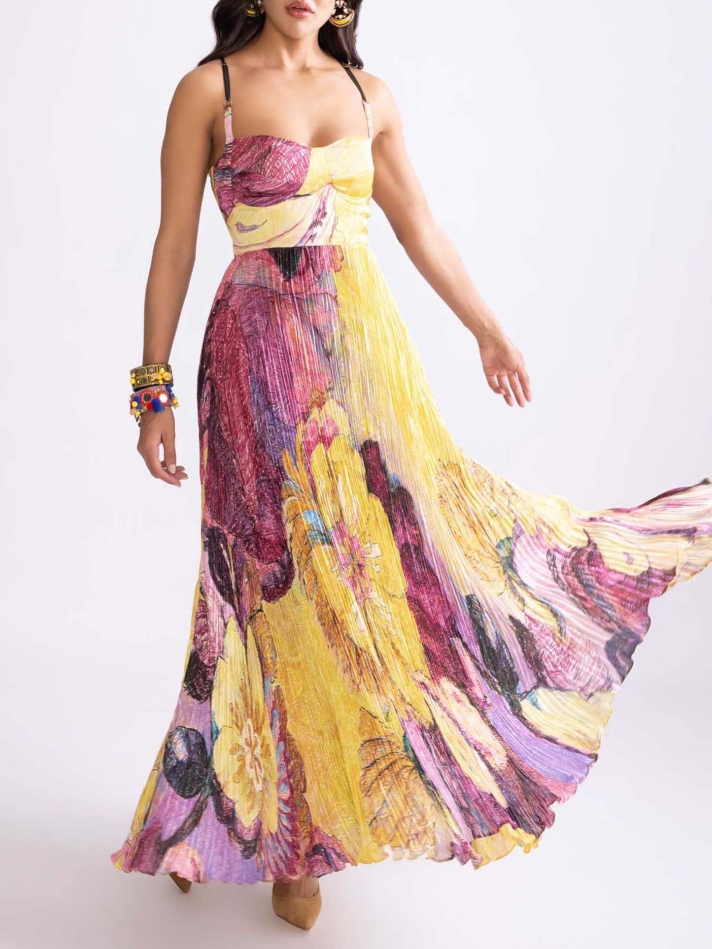 Timeless Art Hand Painted Floral Print Pleated Maxi Dress