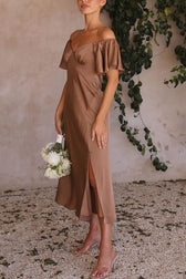 Satin Off Shoulder Puff Sleeve High Split Midi Dress 15