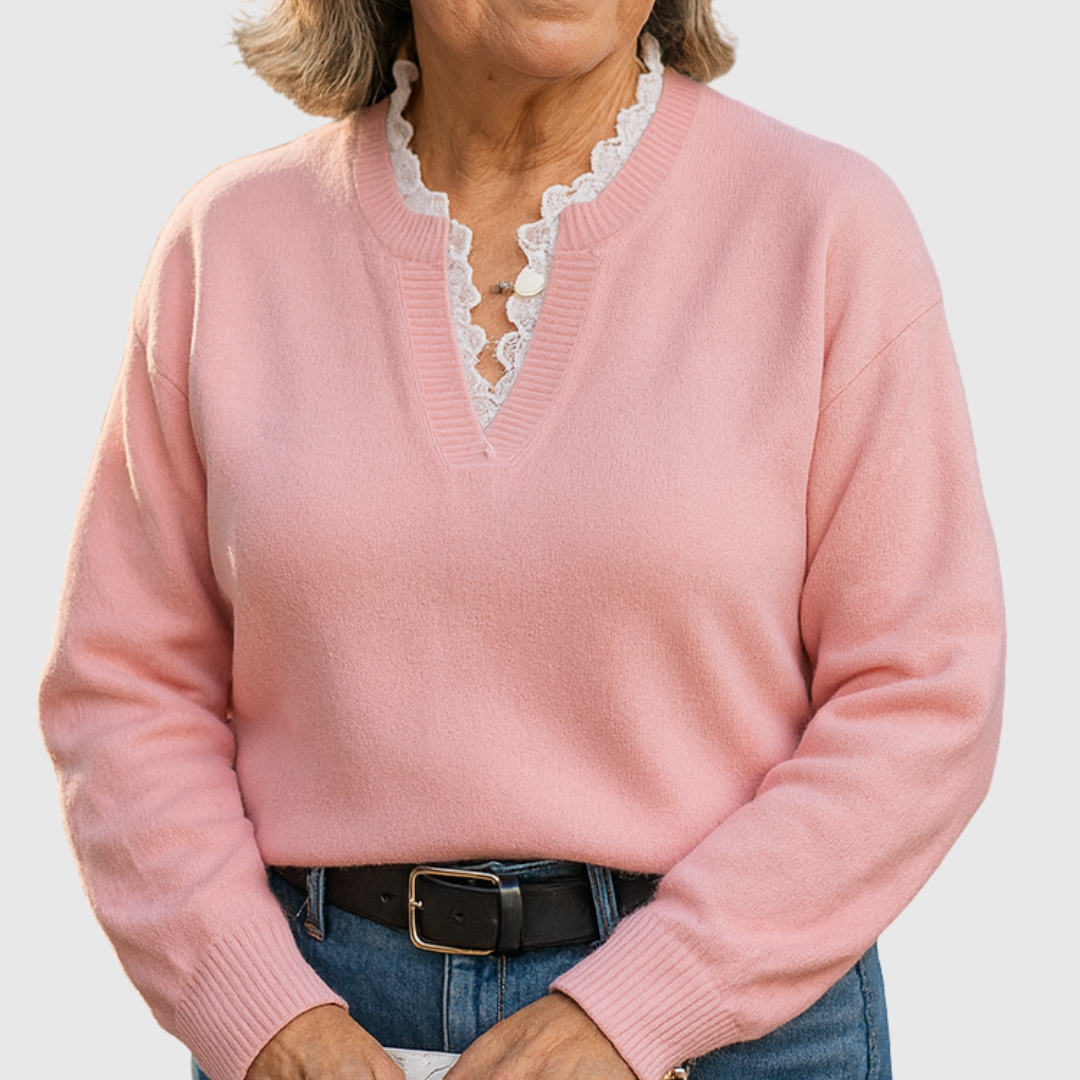V-Neck Lace Trim Long Sleeve Sweater