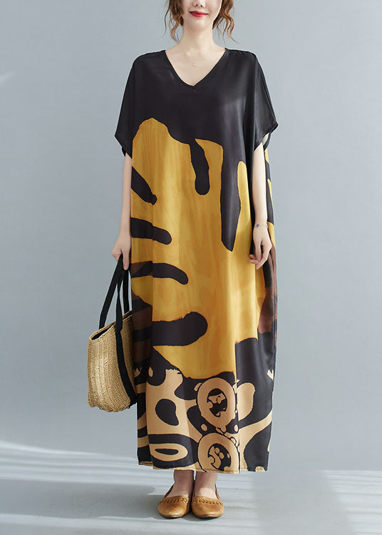 Chiffon V-Neck Short Sleeve Abstract Leaf Print Oversized Kaftan Maxi Dress