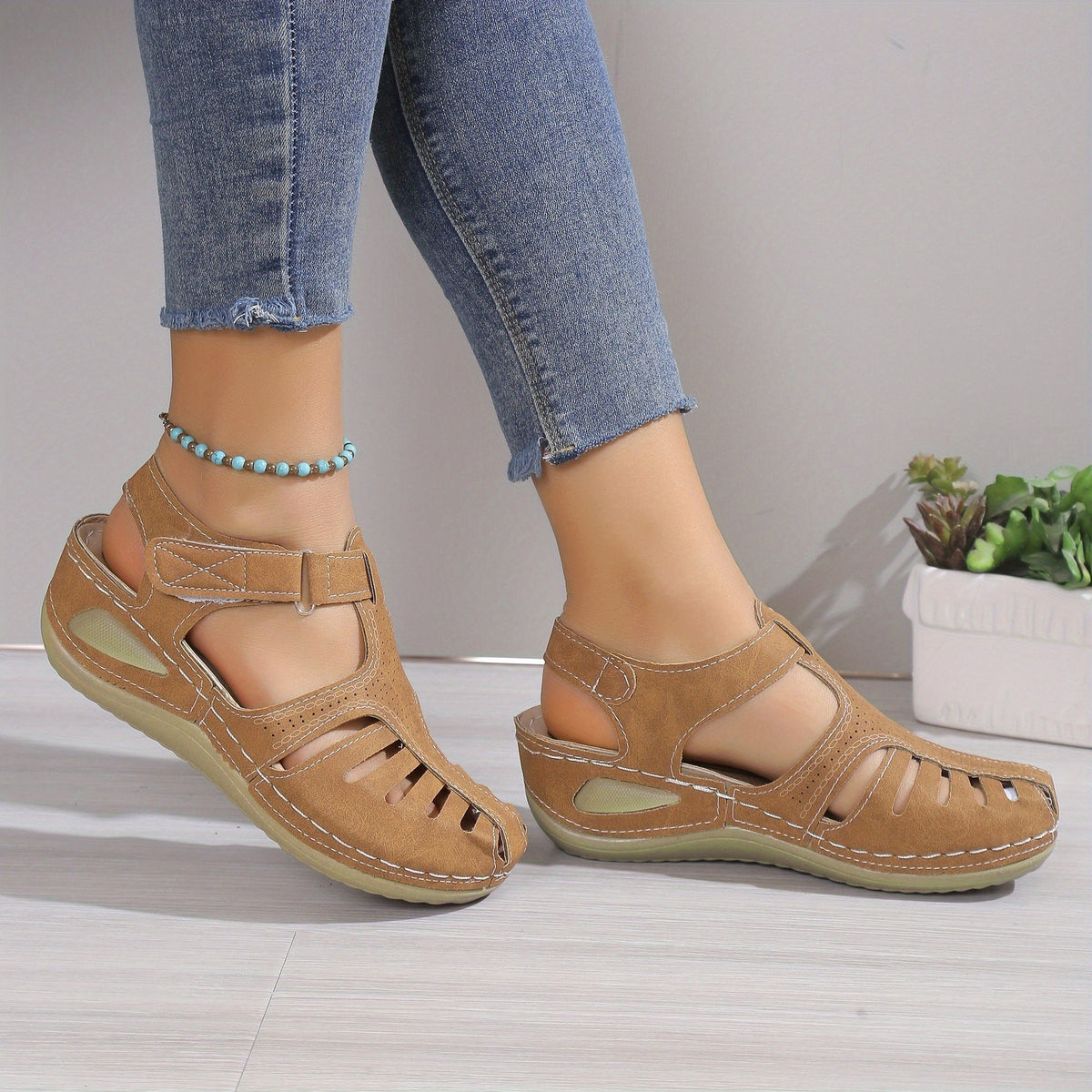 Closed Toe Cut Out Hook and Loop Wedge Sandals