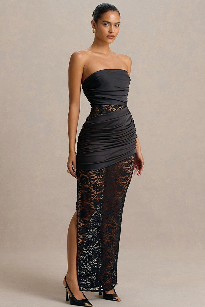 Strapless Sheer Lace High Slit Backless Maxi Lace Dress