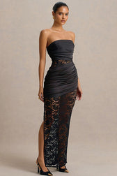 Strapless Sheer Lace High Slit Backless Maxi Lace Dress
