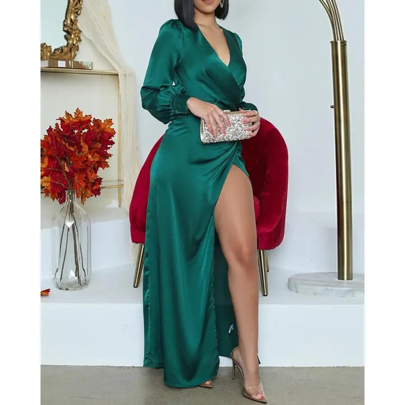 Premium Alejandra Dark Green Satin Midi Dress Wardrobe Essential