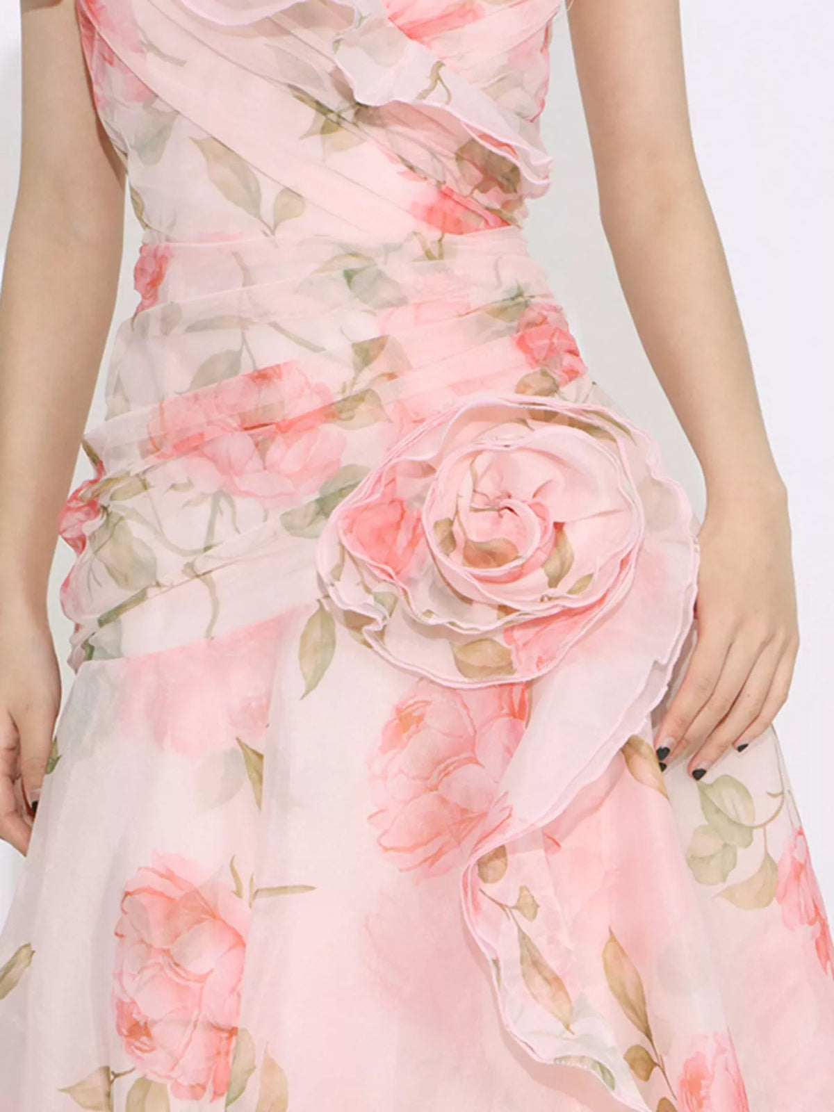 Floral Chiffon Rosette Ruffle Cap Sleeve Maxi Dress 2