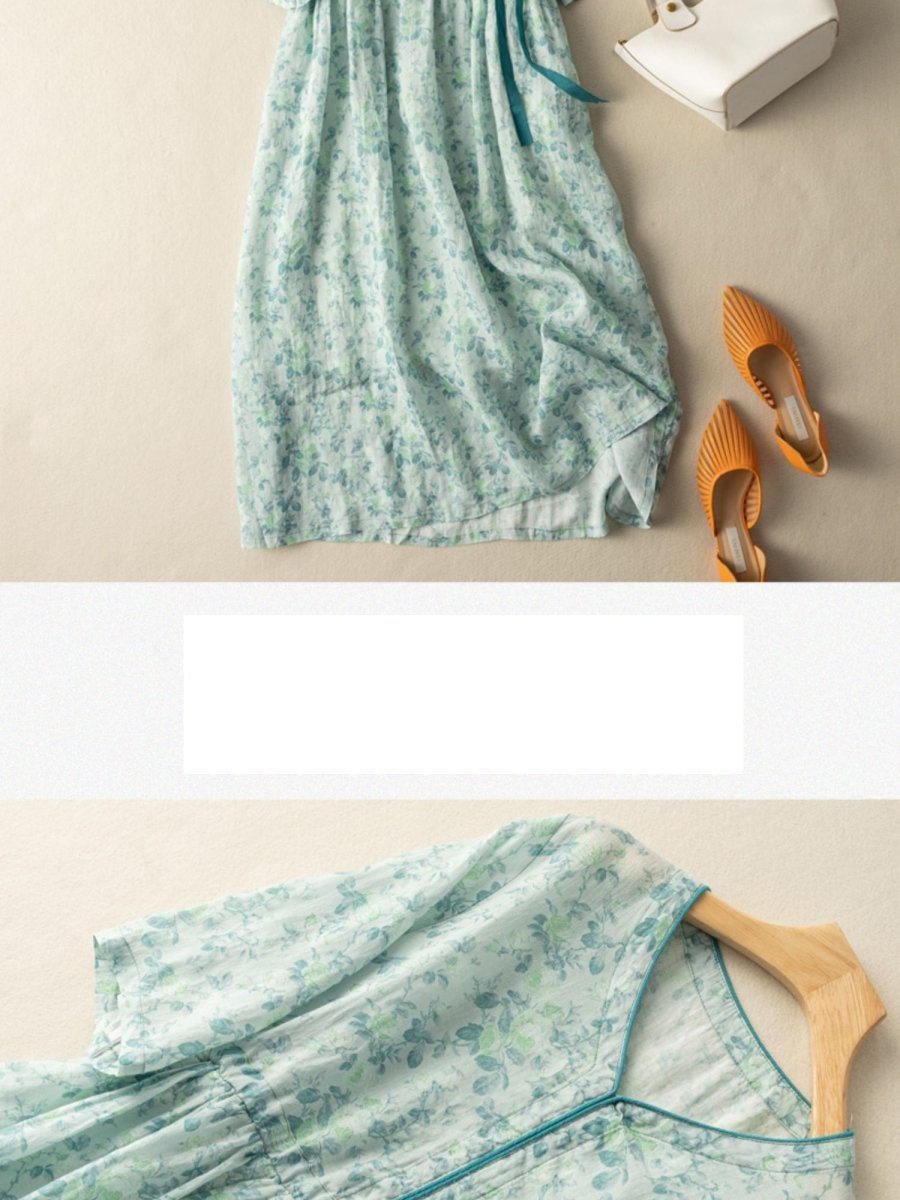 Botanical Floral Print V-Neck Piping Trim Short Sleeve Tie Waist Gathered A-Line Midi Dress