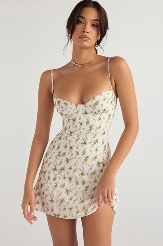 Plunging Floral A Line Mini Dress