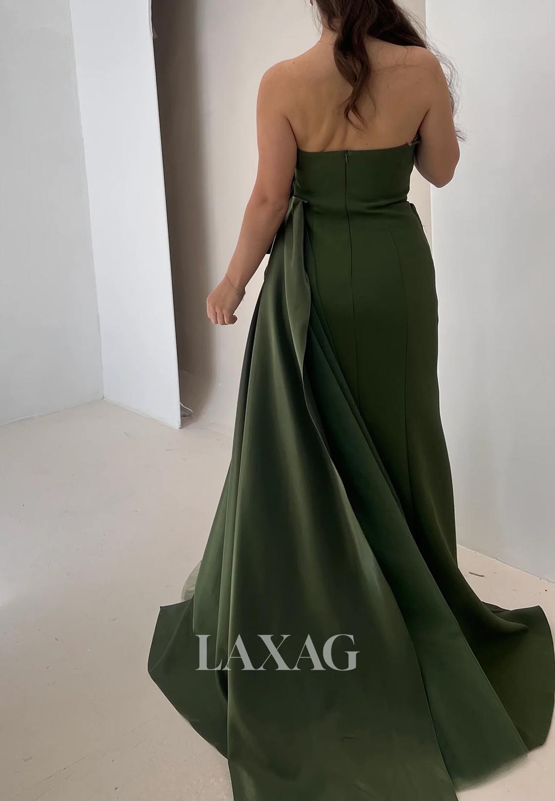 Sleeveless Off-Shoulder Pleated Satin Formal Gowns Tube Top Sweep Train Mermaid Evening Dress