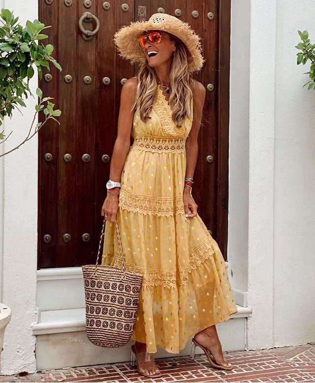 Deep V Plunge Sleeveless Chiffon Dress Stitching Midi Dress - View 2